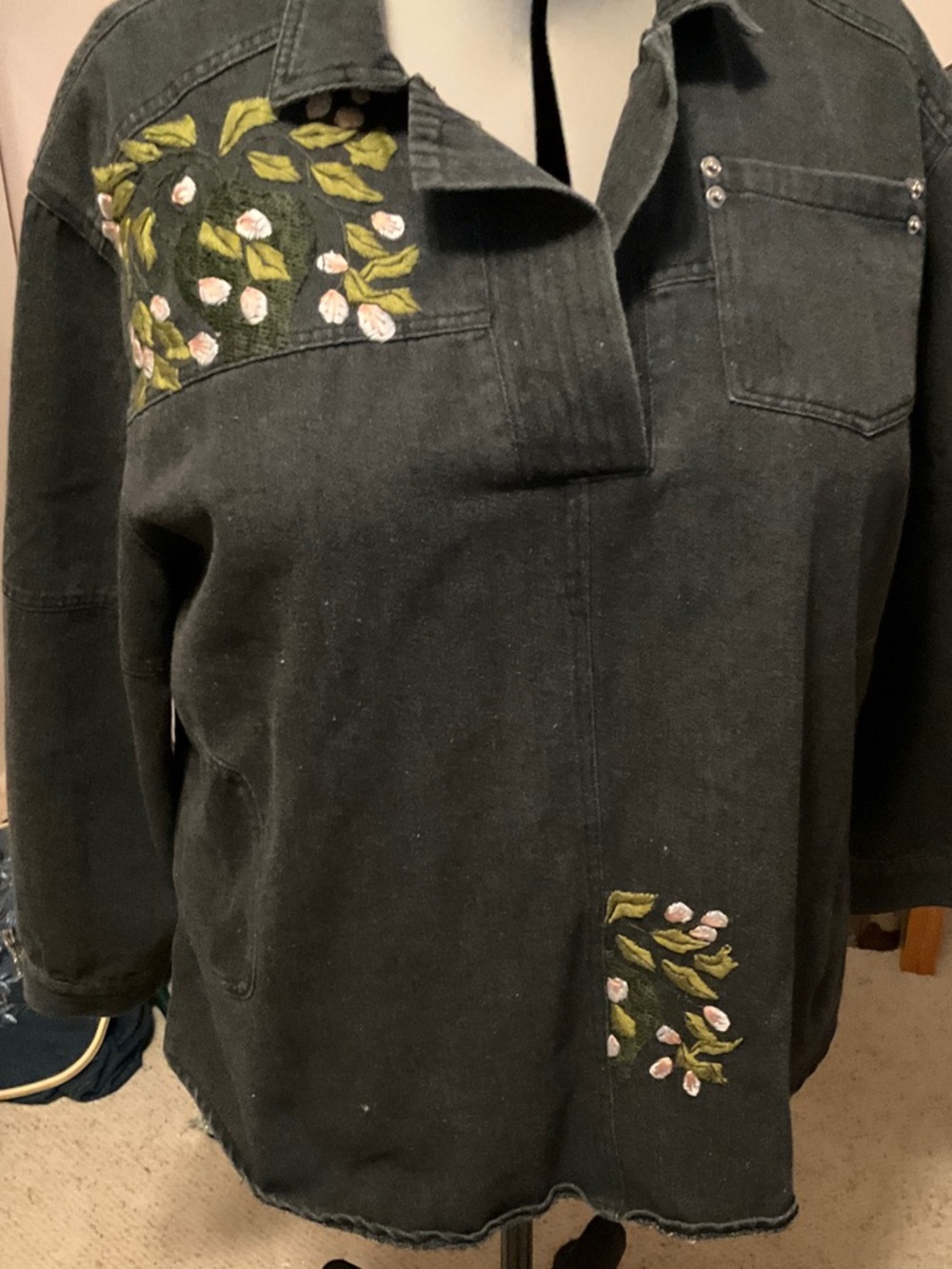 Hand Embroidered Black Denim Women's Popover Shirt